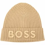 HUGO BOSS 字母刺繡駝色純羊毛反摺針織帽
