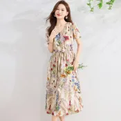 (店+)【UG 優物集】連身裙女出清品洋裝大尺碼連身顯瘦長裙渡假優雅小香風短袖女裝新款碎花短袖連衣裙女士媽媽夏裝新款時尚顯瘦洋氣雪紡中長裙上衣