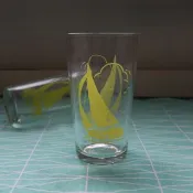 早期印花果汁杯-揚帆 (餐具/老件/舊物/玻璃/圖案)