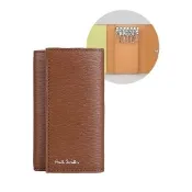 【Paul Smith】Paul Smith簡約燙印草寫LOGO水波紋設計牛皮釦式鑰匙包(棕褐x明黃x淺橘)