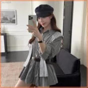 💖台灣出貨💖連衣裙🚀韓系 披肩 格子 襯衫 百褶裙 氣質 收腰 顯瘦 氣質洋裝 正韓 韓風 連身裙 短洋裝 法式 仙女