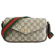 GUCCI 古馳  Ophidia 經典GG印花寬背帶翻蓋斜背小包(駝色)
