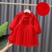 【橘魔法】加絨蝴蝶結毛球洋裝 童裝 女童 兒童 長袖 過年 喜宴 大紅 新年 新衣 連身裙 紗裙 刷毛
