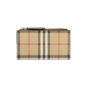 【BURBERRY 巴寶莉】格紋及小牛皮釦式二折中夾(經典米色/石楠木棕)