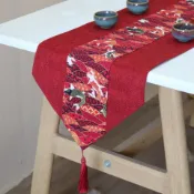 全球選品1館 生活百貨 中式禮桌布藝茶席喜慶紅色桌旗喜字茶几裝飾1