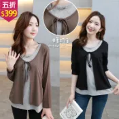 ★五折價$399★糖罐子【E66388】飾品拼接開襟綁帶假兩件上衣→預購