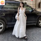 【夏季洋裝】白色海边洋装 度假长洋裝 大尺碼渡假風长裙子 性感V領吊帶長裙  褶皺雪纺連身裙 法式白色連衣裙 露背長裙