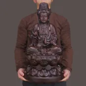 花梨木雕刻觀音佛像供奉家用坐蓮南海觀世音菩薩神像家居客廳擺件