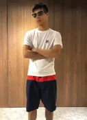 美國百分百【全新真品】FILA 短褲 logo 休閒褲 運動褲 街頭潮流 海灘褲 泳褲 沙灘褲 衝浪褲 深藍紅 J154
