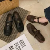 (店+)單鞋女單鞋平底單鞋淺口單鞋樂福鞋女瑪莉珍鞋女軟底粗跟平底側拉鍊耐磨加固鞋頭大尺碼寬楦PU鞋面絨面圓頭上班通勤休閑百搭方頭瑪麗珍鞋復古增高一字帶山茶花平底淺口單鞋
