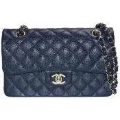 【CHANEL 香奈兒】經典COCO菱格粒紋牛皮雙鍊肩背包(23cm深藍色A01113C-DARKBLUE-GP)