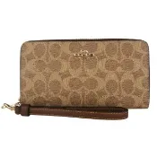 【COACH】金馬車防刮LOGO皮革拉鍊掛帶長夾(深卡其x棕)