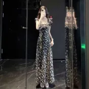 YY          黑色碎花洋裝女2025夏季新款法式氣質浪漫露背小個子仙女長裙子