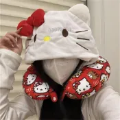 【新款低價】‹連帽護頸枕›helloKitty貓u型枕少女心飛機旅行護枕助眠睡連帽毛絨玩具凱蒂貓