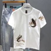  鯉魚刺繡 T恤 男士潮牌 中國風 時尚休閒 短袖上衣 微寬鬆 青年個性 街頭潮流
