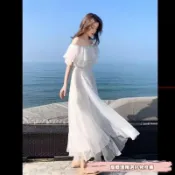 海島洋裝 海邊洋裝 美背洋裝 多巴胺洋裝 渡假洋裝 泰國洋裝 夏季洋裝 4種穿法2層雪紡長裙白色荷葉邊連衣裙沙灘裙一字肩