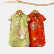 【現貨秒出】女童天絲棉麻印花旗袍洋裝 兒童唐裝連身裙 寶寶週歲抓周拜年禮服 雙色｜水水女人國