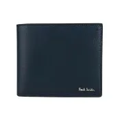 【Paul Smith】PAUL SMITH 燙金LOGO牛皮搭配羊皮8卡短夾(深藍x經典條紋)