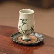 （可開發票）（可開發票）手繪青竹陶瓷品茗杯主人杯單個中式功夫品茗聞香杯（滿額免運）（滿額免運）