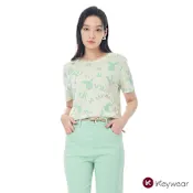  KeyWear奇威名品 圓領毛巾繡字母提花帶燙鑽針織短袖上衣-米色