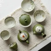 青瓷手繪茶具套組 功夫茶壺 蓋碗 茶杯 壺承 主人杯 輕奢風 仿古茶器 家用 金竹聽風 小青柑專用