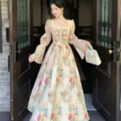 【胖悅穿搭】春夏薄款洋裝300斤特大码女装胖mm春秋新款法式甜美风显瘦遮肚长袖碎花连衣裙渡假風洋裝 氣質顯瘦洋裝 夏季長