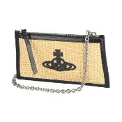 【Vivienne Westwood】Vivienne Westwood黑色土星LOGO拉菲草拼小牛皮拉鍊銀鏈條斜背/手拿包(小/黑x自然色)