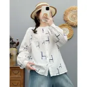 (店+)【設計所在】知性小文藝 立領印花柔軟雙層棉紗襯衫(M-L可選) 86788t