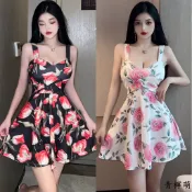 正韓洋裝女人味甜美性感夜店女裝吊帶收腰顯瘦印花深V大擺連身裙性感洋裝 辣妹洋裝 夜店洋裝 氣質洋裝 收腰洋裝 顯瘦洋裝