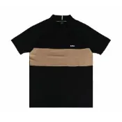 BOSS 棉混紡印花白字LOGO立領拉鍊設計拼接插肩袖Polo衫(男款/黑x咖)