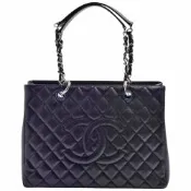 CHANEL GST系列經典雙C LOGO菱格荔枝紋牛皮銀鍊三層肩背托特包(黑色)