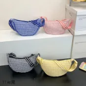 【Muki·木几】批發韓版休閒斜挎小包包女2026新款格紋餃子包時尚帆布單肩腋下包