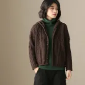 全球選品1館 生活百貨 菱形針織短外套女2025春秋新款寬鬆文藝連帽毛衣單排扣開襟日系女
