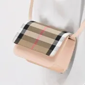 【BURBERRY 巴寶莉】MADISON 英系經典格紋牛皮拼接迷你翻蓋斜背包(淺粉邊)