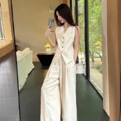 兩件套 韓版氣質通勤顯瘦萊賽爾天絲文藝老錢風套裝2026春裝新女馬夾搭長款休閒褲兩件套女氣質套裝通勤穿搭約會洋裝渡假風