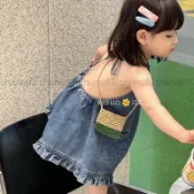 促銷 新品 女童夏季洋裝薄款牛仔裙洋氣度假風露背沙灘裙抽繩掛脖吊帶裙