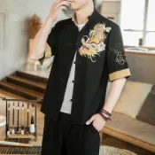 新品 男士棉麻短袖襯衫日系立領盤扣龍紋刺繡亞麻短袖襯衫民族風透氣排汗唐裝漢服茶服禪服居士服禪意禪修太極服