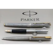 【早期】美國製1990s PARKER派克75型純銀格原子筆+鋼筆14K/F尖 (對筆)