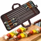協貿國際日用品生活11館 戶外BBQ烤針燒烤叉304不銹鋼燒烤簽烤肉簽U型木柄燒烤棒帶收納盒