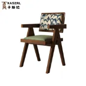 【卡斯拉KASZRL】中古實木靠背椅 絨布軟包扶手椅 黑框綠座 座寬 46CM