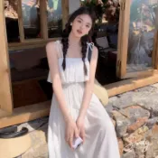 拉肩綁繩長洋裝【2319】春夏新款民族風渡假出遊甜美慵懶海邊度假細肩帶純色洋裝 過膝長洋裝 Sandy33