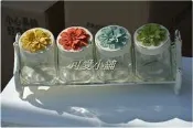 台中 ☆可愛小舖傢俱家飾精品雜貨館☆美式南法復古鄉村風古典仿舊黃紅藍綠立體雕花四入鐵蓋玻璃罐＋金屬鐵架　餅乾糖果首飾盒
