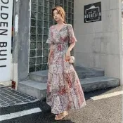 『開心全球購』連衣裙大裙擺中袖新款夏碎花雪紡長裙V領收腰顯瘦抽象設計長款裙女性服裝女裝休閒服連身裙~BD11155