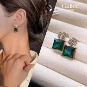 Gulicc 方形 祖母綠 簡約 鑲鑽 耳環(七夕情人節 飾品 耳飾 耳針 耳釘 耳環 生日禮物 )