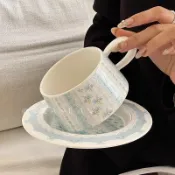 陶瓷咖啡杯 藍色蕾絲杯盤組 馬克杯 拿鐵杯 牛奶杯 茶杯 早餐杯 杯碟組 下午茶杯 家用杯 咖啡器具 送禮水杯 韓系餐具