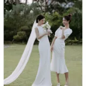 0716新娘輕婚紗 法式 溫柔 魚尾裙 設計感 V領 中長款 緊身包臀 顯身材 新人登記洋裝 白色小個子洋裝 婚宴洋裝
