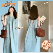 【小個子寬鬆長裙】大尺碼洋裝女 露背吊帶無袖背心洋裝女夏設計感小眾寬鬆顯白度假沙灘綠色長裙女裝圓領掛脖吊帶裙