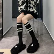 高顏值過膝中筒襪 長筒襪 小腿襪 壓力瘦腿襪 日系春夏款黑白色條紋小腿襪簡約風百搭三條槓中長襪女學院風 S 0920