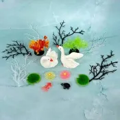 【A-ONE 匯旺】一對天鵝 荷葉 烏龜 金魚公仔 蓮花海草裝飾 微景觀造景 盆栽魚缸水族擺設