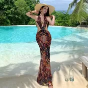 波西米亞旅行度假復古性感碎花雪紡吊帶長裙女裝緊身V領無袖露背印花中長款魚尾洋裝
